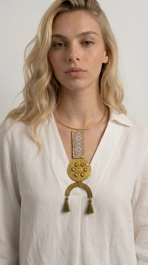 , The ecru embroidered statement necklace with geometric patterns is a piece of jewelry that combines the traditional art of embroidery with modern aesthetics, creating an immediately eye-catching result. Designed by Greek jewelry designer Aikaterini Chalkiadaki, this handmade necklace is a distinctive choice for women who appreciate uniqueness and authentic craftsmanship.

The necklace features a rectangular embroidered section with fine geometric motifs in an ecru shade, paired with a circular brass element featuring embossed details and a semicircular arch. Three dangling khaki-olive tassels add movement and a boho-folklore character, while the base of the necklace consists of a semi-rigid metallic neckwire that rests comfortably on the collarbone. The combination of brass and fabric makes it lightweight to wear, despite its striking appearance.

Ideal for summer outfits, boho looks, ethnic, and festival styles, it pairs perfectly with linen shirts, maxi dresses, or simple tops. It is also an excellent gift idea for women who love large, statement jewelry.