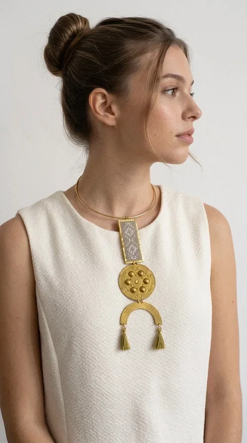, The ecru embroidered statement necklace with geometric patterns is a piece of jewelry that combines the traditional art of embroidery with modern aesthetics, creating an immediately eye-catching result. Designed by Greek jewelry designer Aikaterini Chalkiadaki, this handmade necklace is a distinctive choice for women who appreciate uniqueness and authentic craftsmanship.

The necklace features a rectangular embroidered section with fine geometric motifs in an ecru shade, paired with a circular brass element featuring embossed details and a semicircular arch. Three dangling khaki-olive tassels add movement and a boho-folklore character, while the base of the necklace consists of a semi-rigid metallic neckwire that rests comfortably on the collarbone. The combination of brass and fabric makes it lightweight to wear, despite its striking appearance.

Ideal for summer outfits, boho looks, ethnic, and festival styles, it pairs perfectly with linen shirts, maxi dresses, or simple tops. It is also an excellent gift idea for women who love large, statement jewelry.