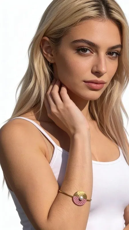 , This exquisite statement pearl bracelet combines timeless elegance with contemporary flair, featuring lustrous freshwater pearls adorned with vibrant pink enamel accents. The sophisticated design showcases perfectly rounded pearls in varying sizes, each delicately enhanced with smooth pink enamel coatings that create a striking visual contrast against the warm gold-plated brass framework.
Crafted with meticulous attention to detail, this handmade piece exemplifies the finest traditions of Greek jewelry artisanship. The lustrous pearls catch and reflect light beautifully, while the pink enamel elements add a playful yet refined touch that elevates any ensemble. The substantial yet comfortable design ensures this bracelet makes a confident statement without compromising wearability.
This versatile piece effortlessly transitions from day to evening wear, perfectly complementing both casual and formal attire. Layer it with delicate gold chains for a bohemian look, or wear it solo to let its distinctive design take center stage. The warm gold tones pair beautifully with earth tones, while the pink accents add a feminine touch that brightens any outfit.
What sets this bracelet apart is its unique combination of classical pearl elegance with modern color play. Each piece is individually crafted, ensuring subtle variations that make your bracelet truly one-of-a-kind. The thoughtful balance of proportions creates visual harmony while maintaining the bold presence expected from statement jewelry.
To maintain its beauty, gently clean with a soft cloth and store in a dry place. Avoid contact with perfumes, lotions, and harsh chemicals to preserve the enamel finish and pearl luster.