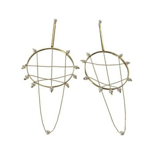 Statement dangle hoop earrings with pearls long - 2386,Unique handmade statement dangle hoop earrings with pearls long,oversized jewelry by greek fashion jewelry designer Aikaterini Chalkiadaki.