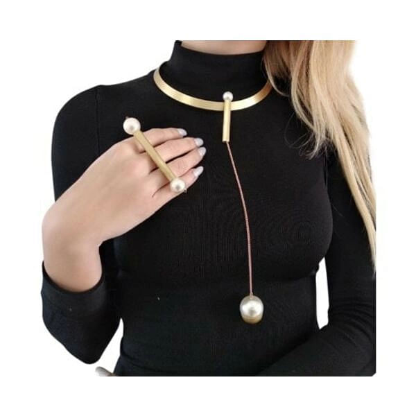Statement pearl necklace long - 2964,Handmade statement pearl necklace long made by brass and pearls,long necklace,pearl necklace,handmade necklace by greek fashion jewelry designer Aikaterini Chalkiadaki