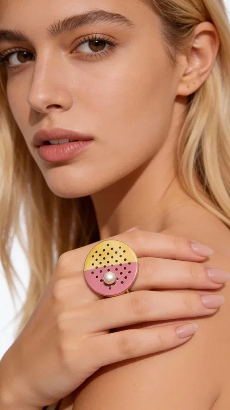 , Make a bold statement with this captivating handcrafted ring that transforms your everyday look into something extraordinary. This eye-catching piece features a distinctive circular design with vibrant enamel detailing in playful pink and sunny yellow tones, creating a modern artistic expression that speaks to your unique style.
Expertly crafted from high-quality brass with a lustrous gold-plated finish, this statement ring showcases exceptional Greek artisanship and attention to detail. The smooth, polished surface catches light beautifully, while the carefully applied enamel work adds depth and character to the geometric design. The substantial circular face creates visual impact without overwhelming your hand, making it perfect for both casual and dressed-up occasions.
This versatile piece effortlessly elevates any outfit, whether you're styling it with flowing bohemian dresses for weekend adventures or pairing it with tailored blazers for professional settings. The cheerful color palette adds a pop of personality to neutral tones and complements both warm and cool color schemes in your wardrobe. Stack it with delicate bands for a curated look, or let it shine solo as the focal point of your ensemble.
The comfortable band design makes it suitable for daily wear while maintaining its striking visual appeal.
To preserve the beauty of your ring, avoid contact with perfumes and cleaning products, and store in a dry place when not worn.