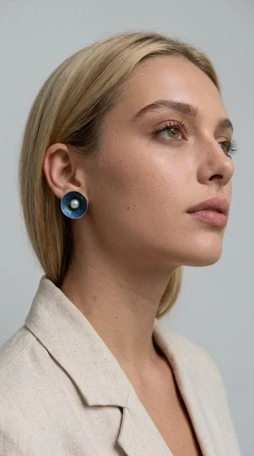 , The handmade stud earrings with a pearl in deep blue enamel are an ideal choice for every woman seeking elegance with character. Designed by Greek Jewelry Designer Aikaterini Chalkiadaki, these unique earrings combine the traditional technique of enamel with the timeless grace of the pearl, creating a result that impresses without being overwhelming.

The circular brass body is covered with handmade enamel in rich shades of blue — from deep navy to cobalt — with subtle color variations reminiscent of the ocean depths. At the center, a white pearl adds finesse and contrast, elevating the whole piece to another level. The result is a statement piece of jewelry that suits an everyday look just as well as a wedding or formal outfit.