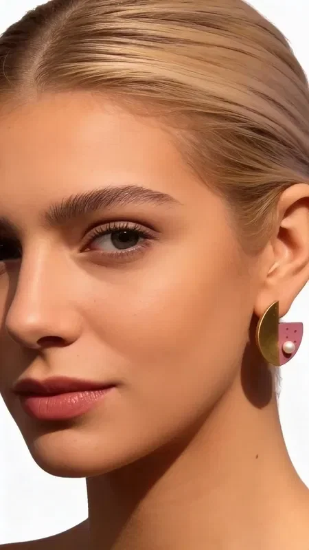 , Discover the unique beauty of these stud earrings with pearls and pink color, a striking piece of jewelry that combines modern aesthetics with classic elegance. These handmade earrings by Greek Jewelry Designer Aikaterini Chalkiadaki stand out for their geometric shape and impressive color combination.

Made from premium brass and adorned with natural pearls, these women's earrings showcase a distinctive aesthetic that sets them apart. The pink hue blends harmoniously with the golden details, creating a boho chic look that enhances any outfit. Perfect for everyday wear as well as special occasions.