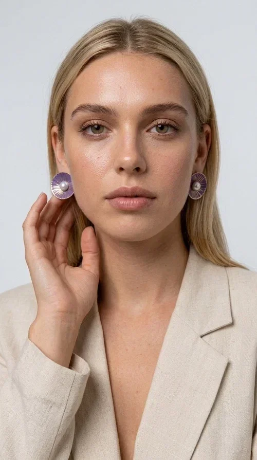 , Stud earrings with pearls in a purple hue are an elegant choice that combines the feel of vintage aesthetics with modern design. Designed by Greek Jewelry Designer Aikaterini Chalkiadaki, these handmade earrings are a distinctive addition to the collection of any woman who loves authentic jewelry.

The circular shape with its ribbed brass surface, covered in deep purple enamel, showcases a shimmering pearl at its center, creating an effect reminiscent of a blooming flower. This refined design suits both everyday outfits and formal occasions, from corporate meetings to weddings and christenings.

These purple pearl earrings make an ideal gift for loved ones, as they are handmade with attention to detail and crafted from quality materials that ensure long-lasting wear.