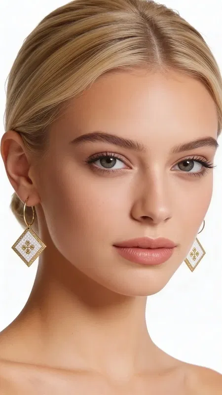 , These striking diamond-shaped drop earrings showcase the perfect marriage of traditional Greek embroidery and contemporary jewelry design. Each earring features pristine white textile adorned with intricate geometric patterns, meticulously hand-stitched with gleaming gold thread that catches and reflects light with every movement.
The crisp white fabric serves as a canvas for the detailed geometric embroidery, creating a sophisticated contrast that speaks to both modern minimalism and classical heritage. The solid brass framework provides structural elegance while allowing the textile artistry to take center stage. The diamond silhouette adds geometric sophistication, making these earrings perfect statement pieces that transition seamlessly from day to evening wear.
Inspired by the rich tradition of Greek folk art, these earrings celebrate the timeless beauty of kentima (embroidery), reimagined for the contemporary woman who appreciates handcrafted artistry.
These versatile statement pieces complement both casual ensembles and formal attire, adding an unexpected touch of textile luxury to any look. The clean white and gold palette ensures effortless coordination with your existing jewelry collection.
Care Instructions:
Store flat in a dry place. Clean gently with a soft, dry cloth. Avoid exposure to moisture and chemicals.