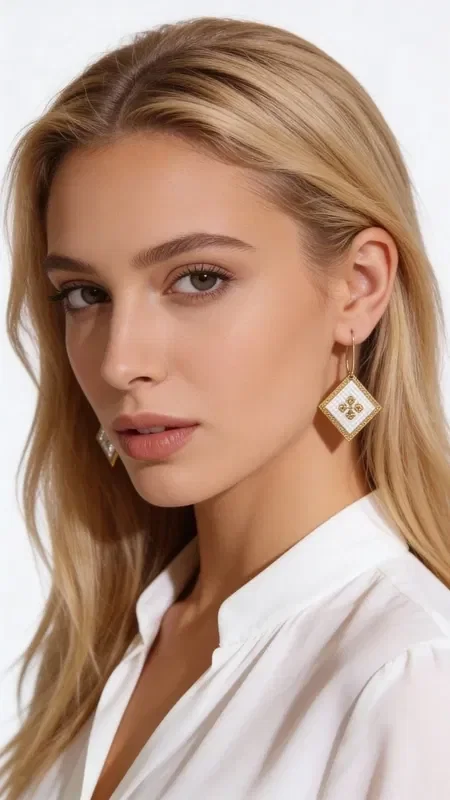 , The statement embroidered earrings with geometric patterns in gold thread on white make the perfect choice for the modern woman seeking striking handmade jewelry. Designed by Greek Jewelry Designer Aikaterini Chalkiadaki, they combine traditional embroidery techniques with a modern aesthetic.

Each earring is crafted with careful handwork, using gold thread that forms impressive geometric motifs on a white base. The distinctive design with diamond-like details adds shine and elegance, making them ideal for special occasions and weddings.

The embroidered earrings feature a raised texture that highlights their handmade character, while the golden details create beautiful contrasts against the white background. They are striking enough to become the focal point of your look. Keep your earrings in a dry place and avoid contact with perfumes and creams to preserve their shine.